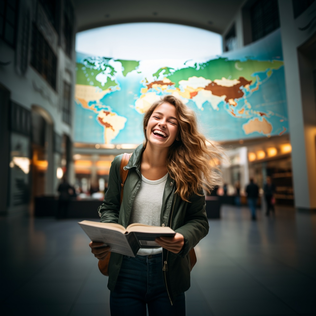 Image of a student studying languages with a world map in the background.